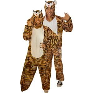 Tiger Halloween Costume Adult Size Small Hooded Jumpsuit One Piece Orange NEW